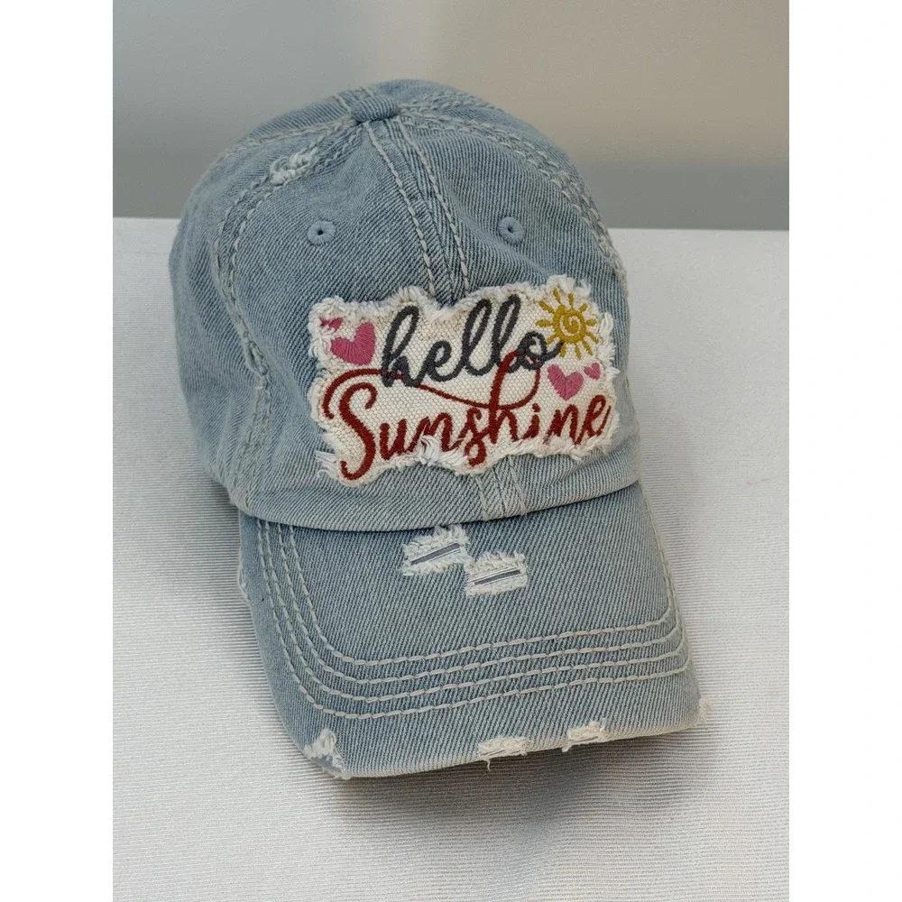 Hello Sunshine Distressed Denim Baseball Cap Women's Blue Adjustable Hat Hearts